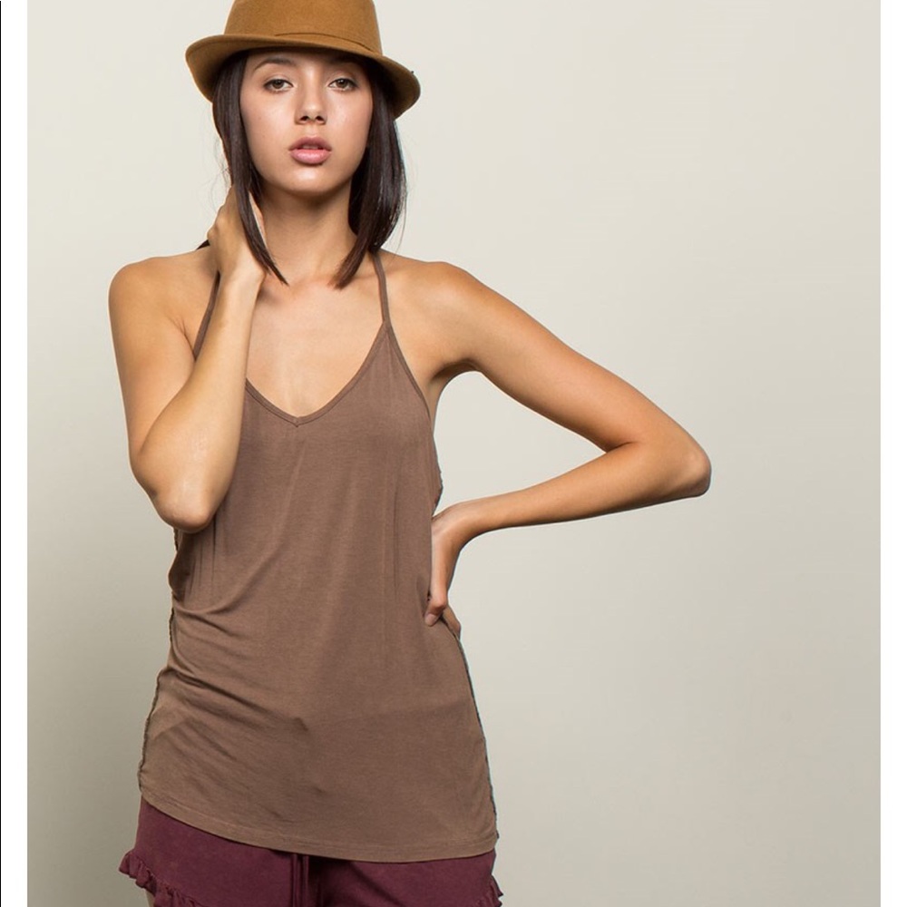 T Detailed Back side lace Tank Top Brown